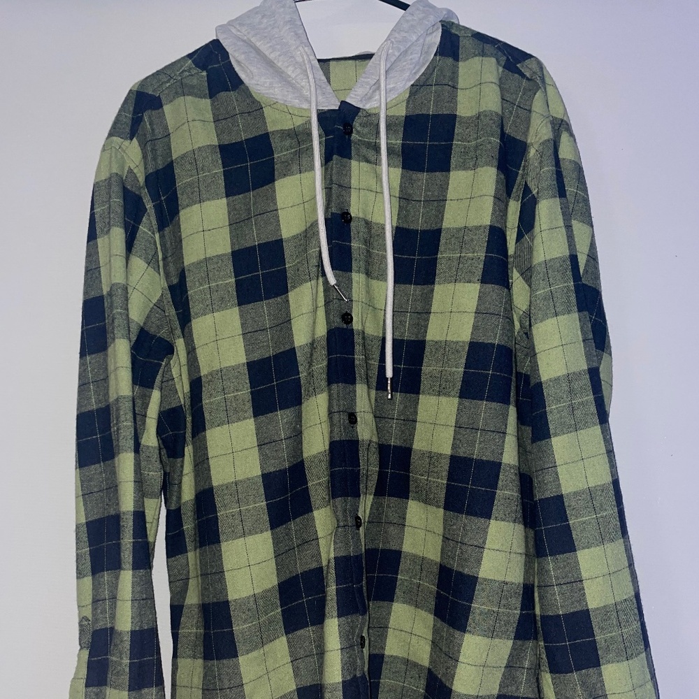 Green Hooded Plaid Button Up